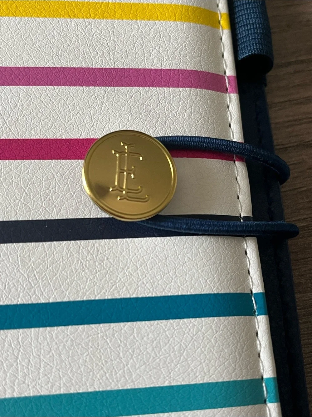 Emily Ley Happy Stripe Faux Pebbled Leather 7 Ring Planner Organizer Cover